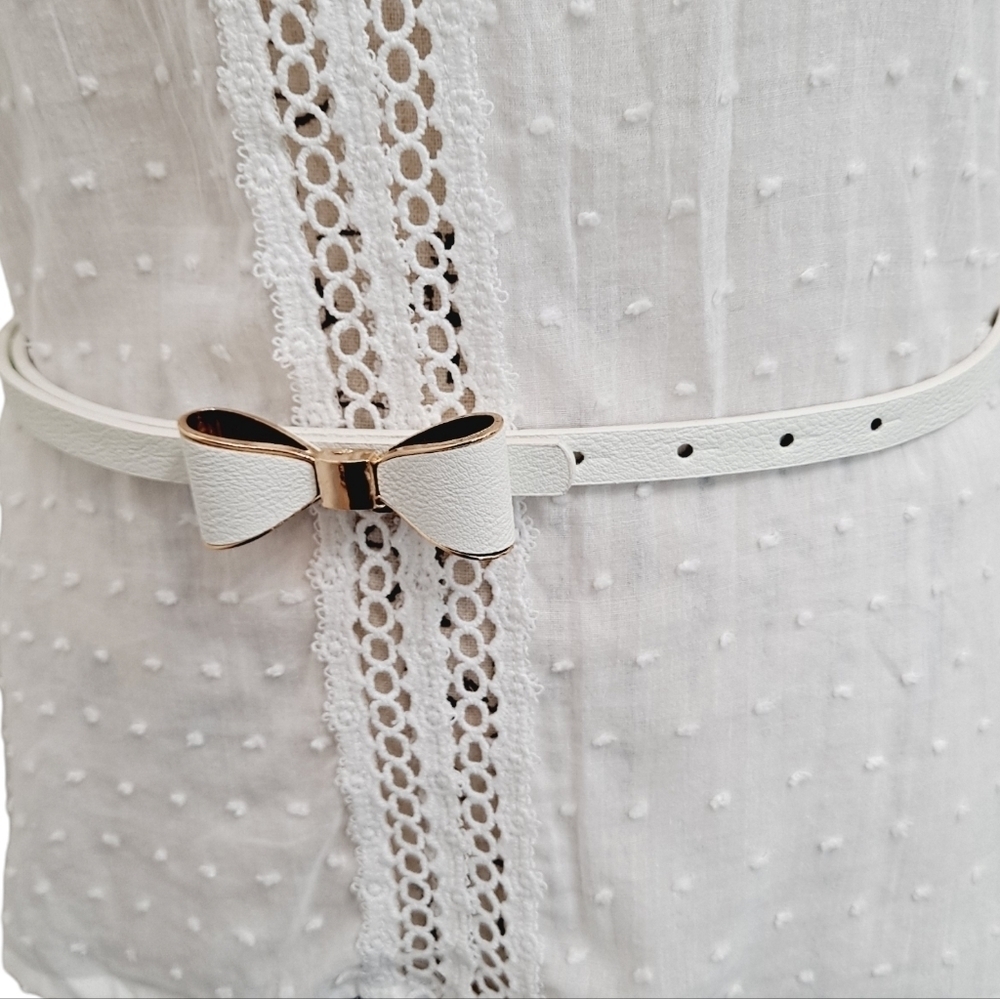 Bow tie skinny waist belt White faux leather evening Formal for plus size - Picture 9 of 12